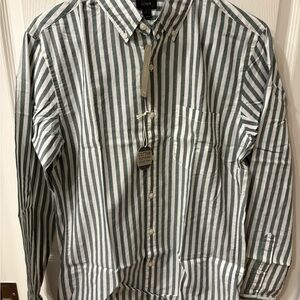 J. Crew Men's Grey/Green and White Striped Shirt